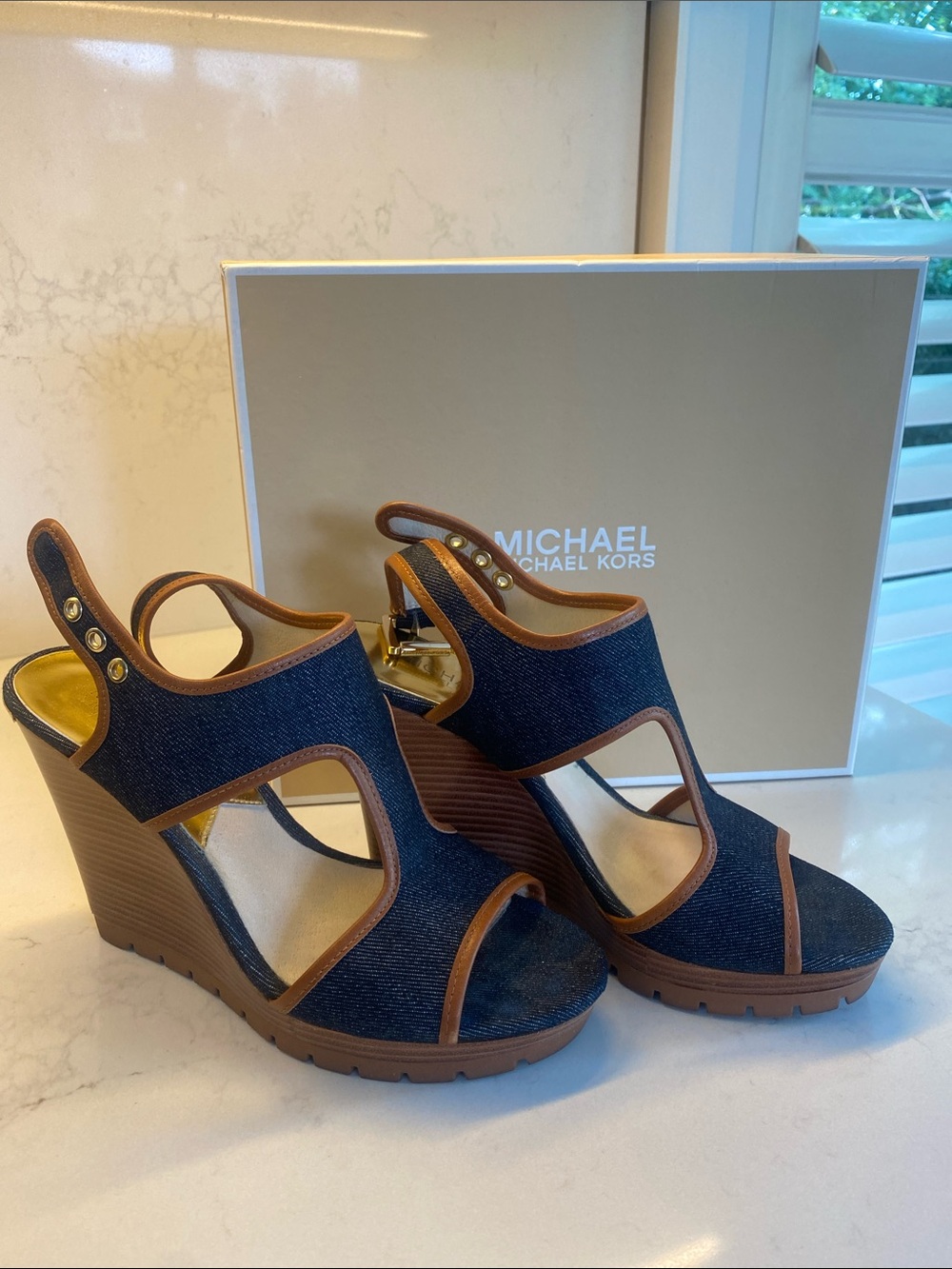 Michael Kors Dark Denim and Brown Trim Wedge Sandals